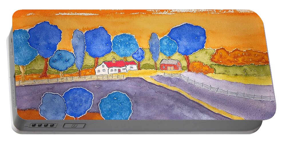 Watercolor Portable Battery Charger featuring the painting Faraway Farm by John Klobucher