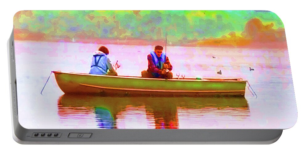 Fishing Portable Battery Charger featuring the painting Father and Son Time by CHAZ Daugherty