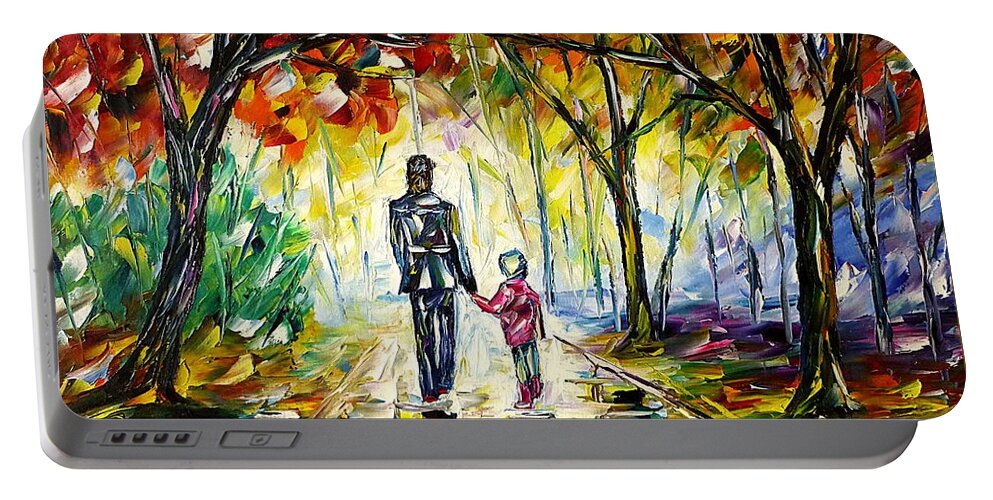 Autumn Walk Portable Battery Charger featuring the painting Father With Daughter In The Park by Mirek Kuzniar