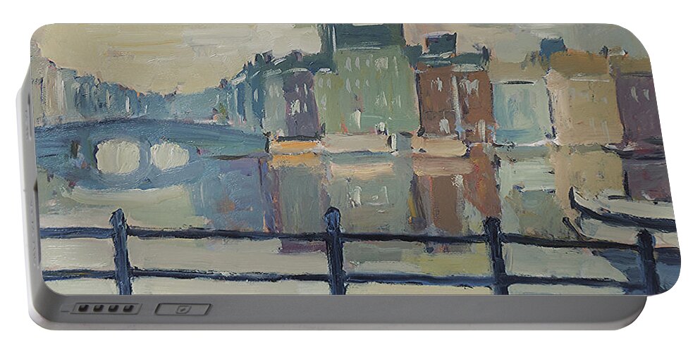 A Cold February Morning Along The Amstel In Amsterdam. Portable Battery Charger featuring the painting February Morning along the Amstel by Nop Briex