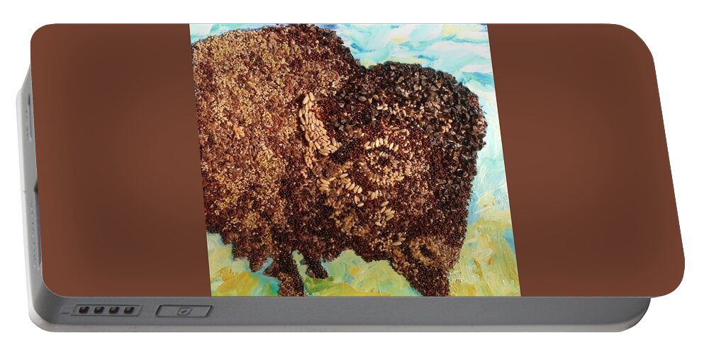 Bison Portable Battery Charger featuring the mixed media Feeding Our Bison by Naomi Gerrard