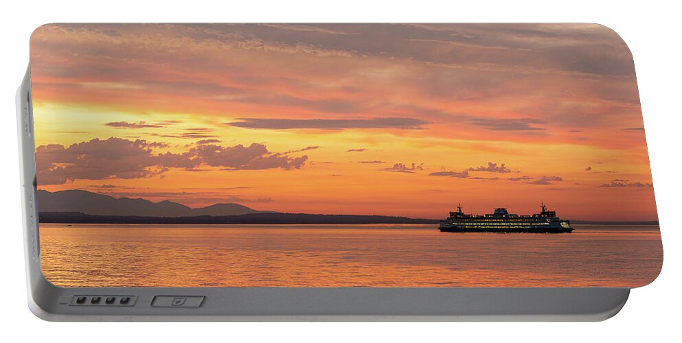 Outdoors; Colors; Bainbridge Island; Sunset; Kayakers; Twilight; Elliott Bay; West Seattle; Puget Sound; Ferry; Washington State Portable Battery Charger featuring the digital art Ferry at Alki Beach by Michael Lee