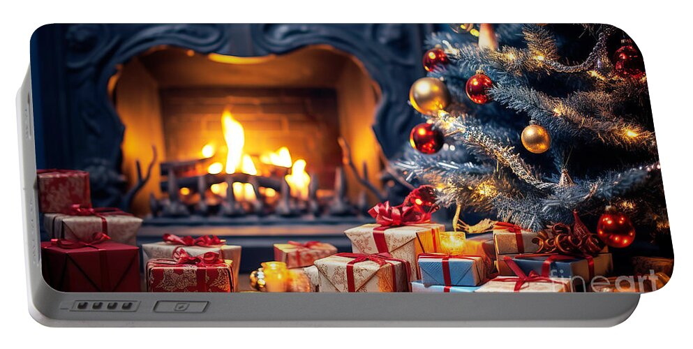 Christmas Portable Battery Charger featuring the digital art Festive atmosphere with fireplace, gifts and decorated Christmas tree detail. by Odon Czintos