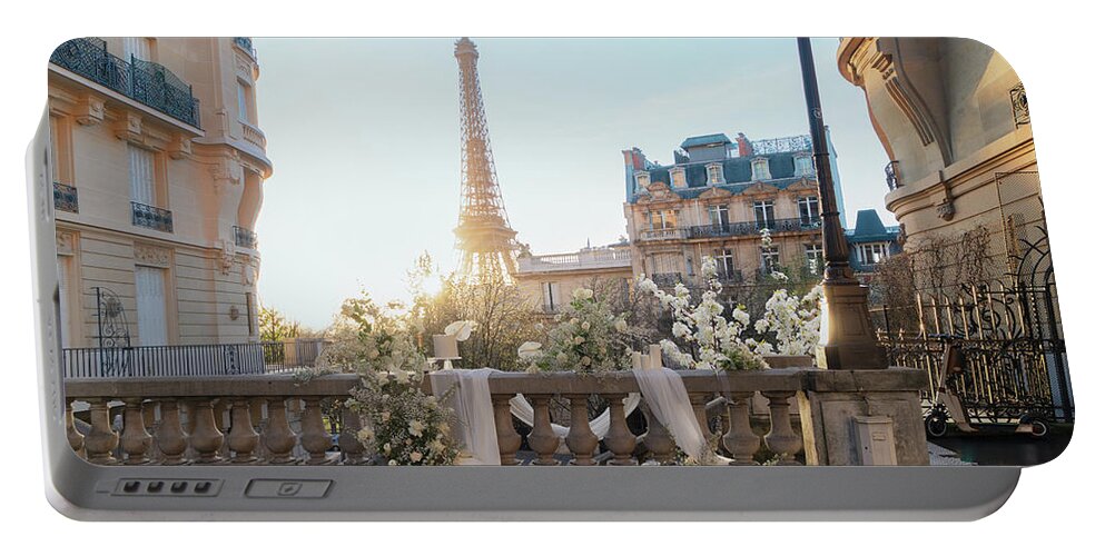 Eiffel Portable Battery Charger featuring the photograph Festive Paris Street by Anastasy Yarmolovich