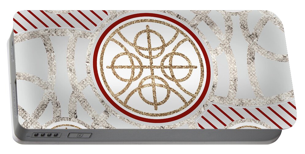 Abstract Portable Battery Charger featuring the mixed media Festive Sparkly Geometric Glyph Art in Red Silver and Gold n.0292 by Holy Rock Design