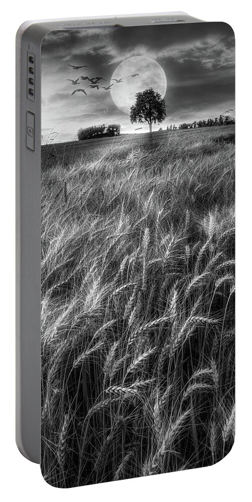 Barn Portable Battery Charger featuring the photograph Fields in Early Evening II Black and White by Debra and Dave Vanderlaan