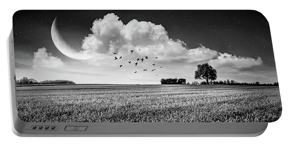 Panorama Portable Battery Charger featuring the photograph Fields in Early Evening Nightfall Black and White Panorama by Debra and Dave Vanderlaan