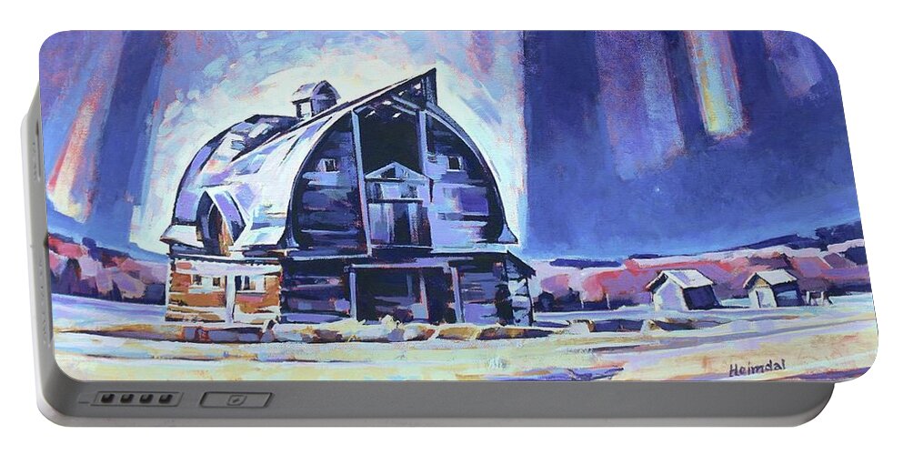 Barn Portable Battery Charger featuring the painting Fimrite Barn by Tim Heimdal