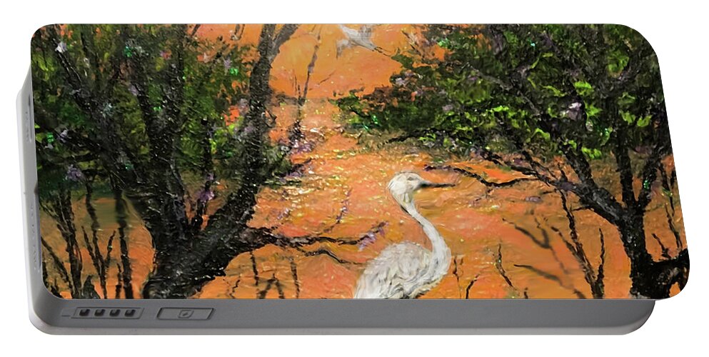 Heron Portable Battery Charger featuring the painting Fire in the Sky by Bonnie Marie