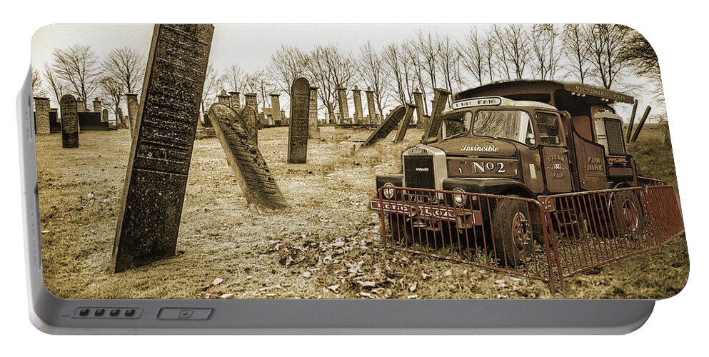 Graveyard Portable Battery Charger featuring the mixed media Fire Truck Graveyard by Shelli Fitzpatrick