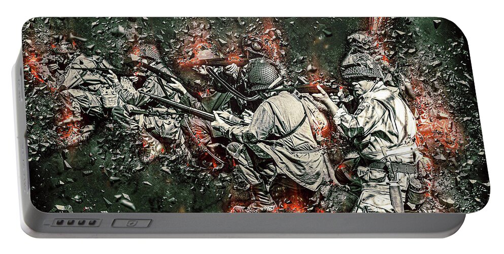 Us Army Portable Battery Charger featuring the mixed media Firefight Fury - Art by Tommy Anderson