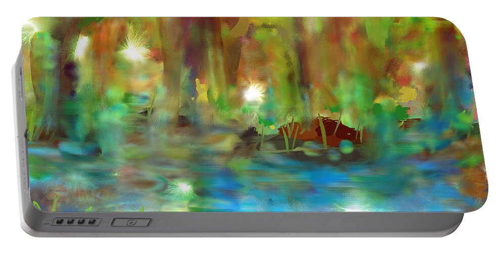  Portable Battery Charger featuring the painting Fireflies on the Riverbank by Shirley Moravec