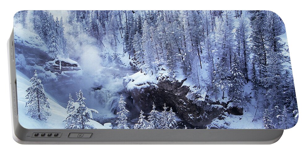 Dave Welling Portable Battery Charger featuring the photograph Firehole Falls Winter Yellowstone National Park by Dave Welling