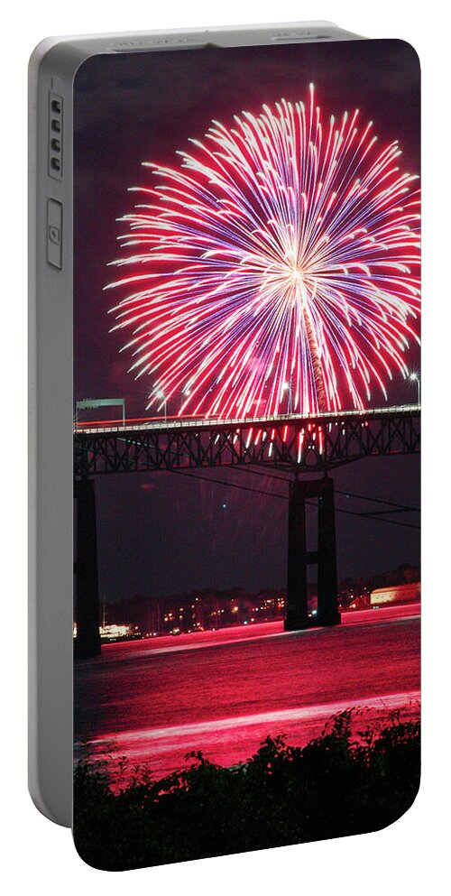 Fireworks Portable Battery Charger featuring the photograph Fireworks over the Newport Bridge by Jim Feldman