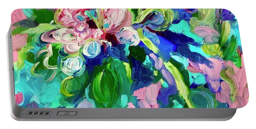 Abstract Floral Pink Blue Flowers Aqua Portable Battery Charger featuring the painting First Bloom by Patsy Walton