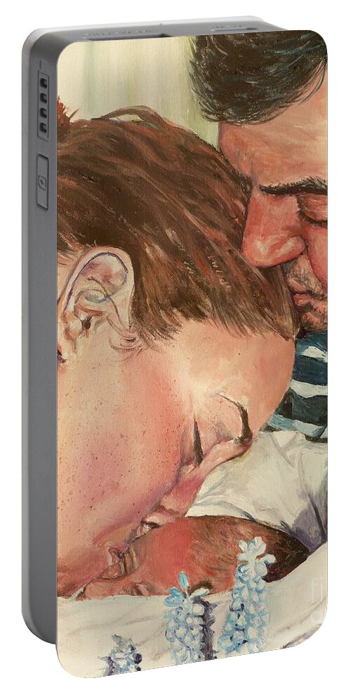Family Portable Battery Charger featuring the painting First Family Kiss by Merana Cadorette