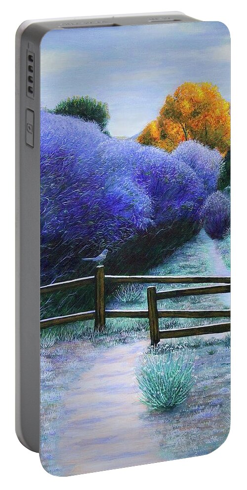Kim Mcclinton Portable Battery Charger featuring the painting First Frost on the Mesquite Trail by Kim McClinton