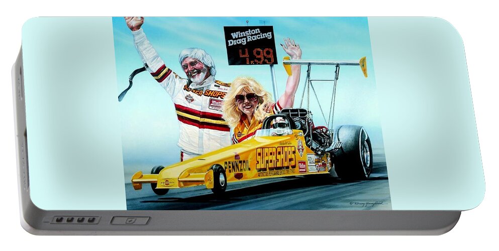 Drag Racing Nhra Top Fuel Funny Car John Force Kenny Youngblood Nitro Champion March Meet Images Image Race Track Fuel Eddie Hill Ercie Portable Battery Charger featuring the painting First In The Fours by Kenny Youngblood