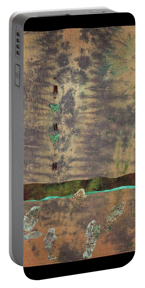 Fiber Art Portable Battery Charger featuring the mixed media Fish and Game by Vivian Aumond