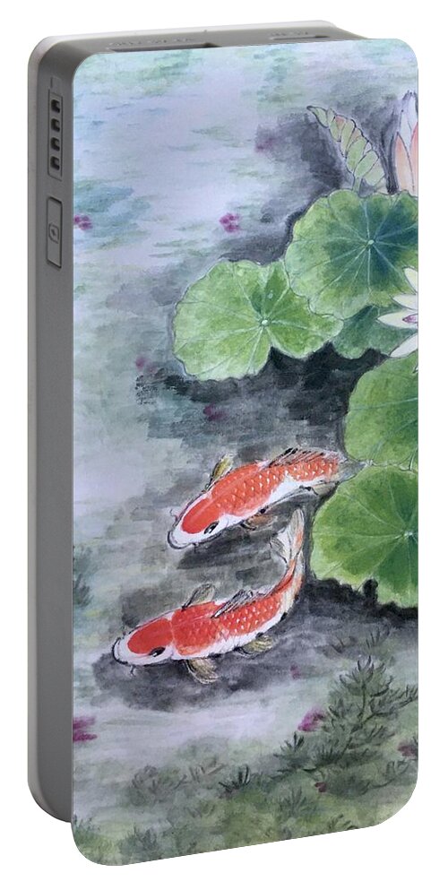 Lake Portable Battery Charger featuring the painting Fishes Joy by Carmen Lam