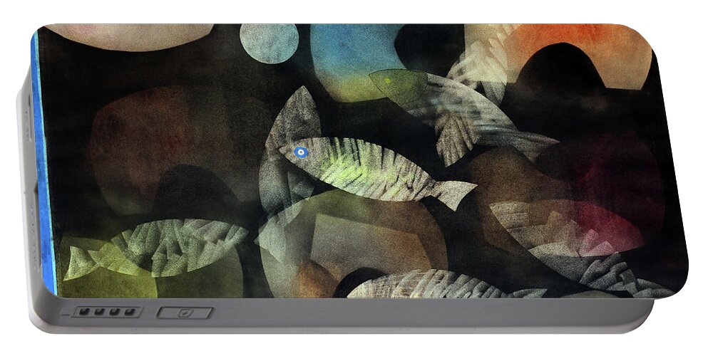 Abstract Portable Battery Charger featuring the painting Fish Moon by Winston Saoli 1950-1995
