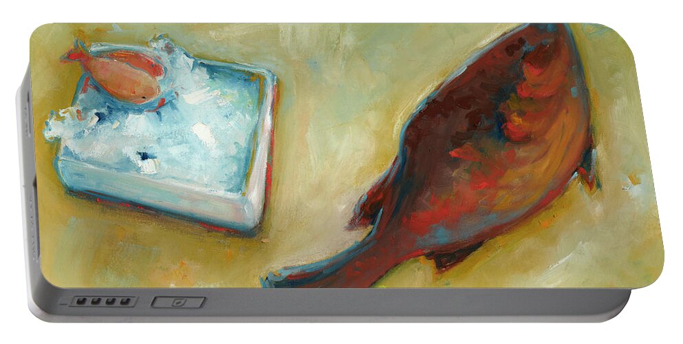 Still Life Portable Battery Charger featuring the painting Fish on a Slab by Roger Clarke