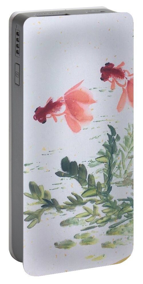 Gold Portable Battery Charger featuring the painting Fishes Joy by Carmen Lam