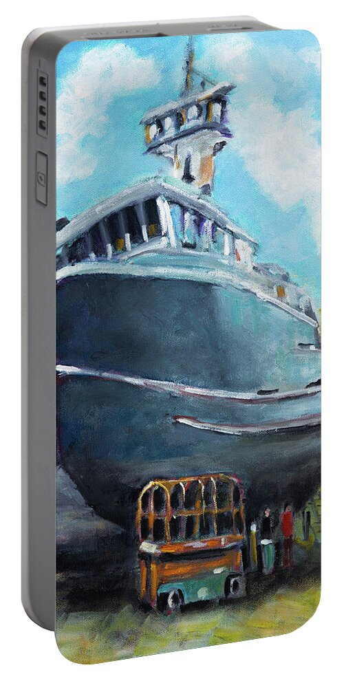 Fishing Boat Portable Battery Charger featuring the painting Fishing Boat at Drydock by Mike Bergen