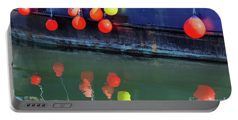 Fishing Boat Bumpers Sunlit By Norma Appleton Portable Battery Charger featuring the photograph Fishing Boat Bumpers Sunlit by Norma Appleton