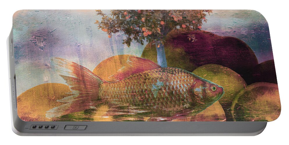 Surreal Portable Battery Charger featuring the mixed media Fishy Fruit by Ally White