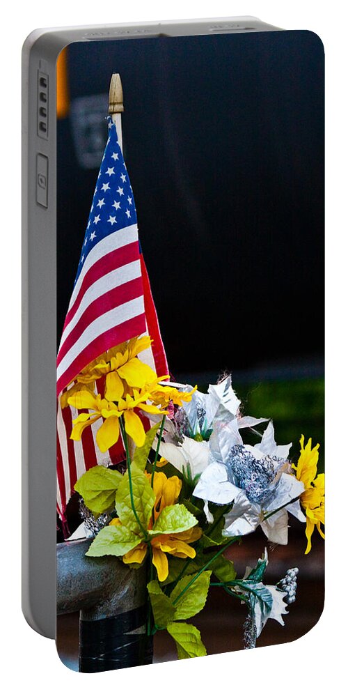 American Flag Portable Battery Charger featuring the photograph Flag, Flowers, and Freight Train by Steve Ember