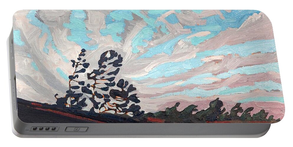 2313 Portable Battery Charger featuring the painting Flagged Pines and Cirrus by Phil Chadwick
