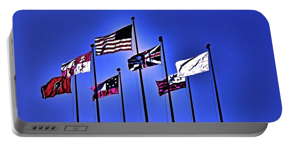 America Portable Battery Charger featuring the digital art Flags Against A Dark Blue Sky by David Desautel