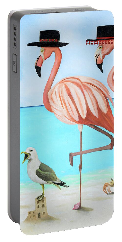 Beach Portable Battery Charger featuring the painting Flamenco Flamingo's and The Singing Seagull by Leah Saulnier The Painting Maniac