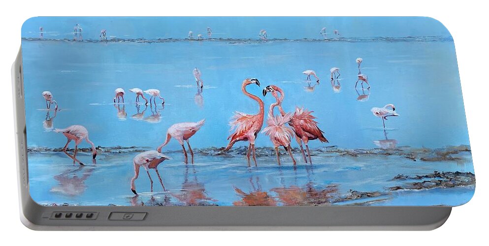 Flamingos Portable Battery Charger featuring the painting Flamingo Sushi Bar by Judy Rixom