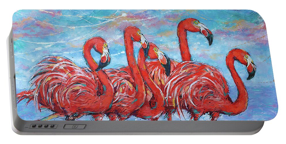  Portable Battery Charger featuring the painting Flamingos Parade by Jyotika Shroff
