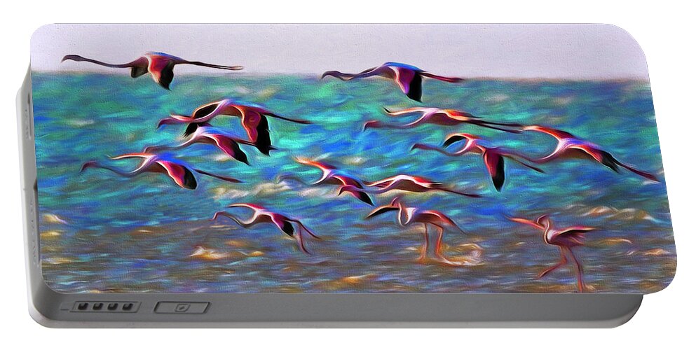 Greater Flamingos Portable Battery Charger featuring the photograph Flamingos Take Flight by Dennis Cox Photo Explorer Productions