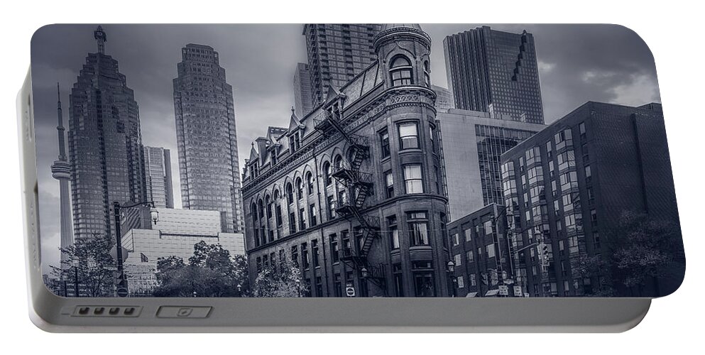 Gooderham Building Portable Battery Charger featuring the photograph Flatiron Building Toronto - Urban Sunset BW by Dee Potter
