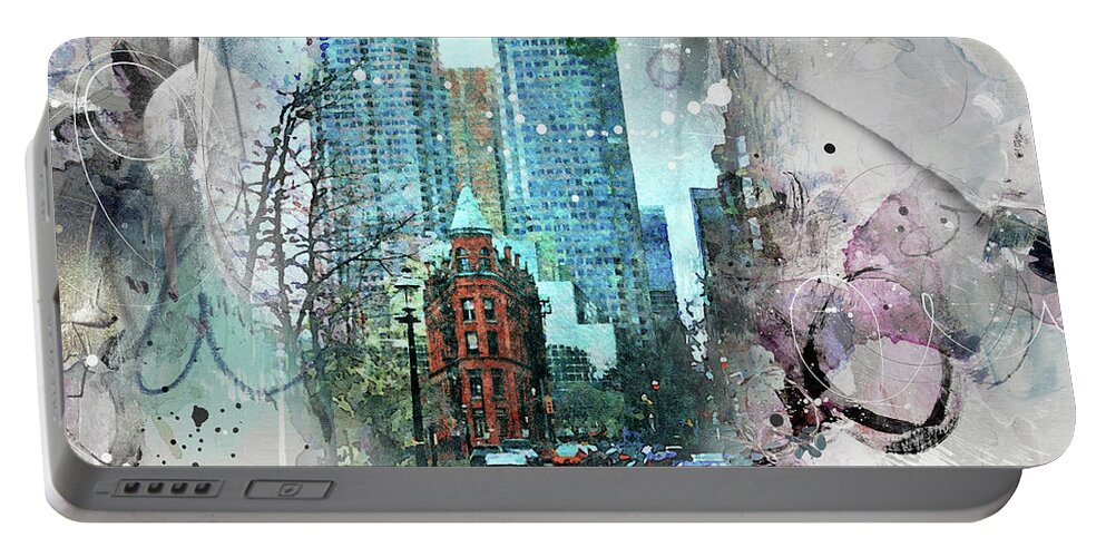 Toronto Portable Battery Charger featuring the digital art Flatiron Church and Wellington by Nicky Jameson