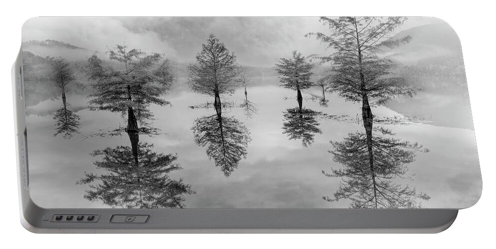 Black Portable Battery Charger featuring the photograph Floating into Autumn Mist Black and White by Debra and Dave Vanderlaan