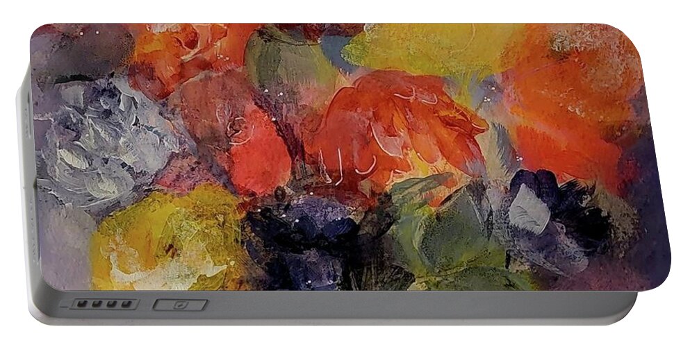 Smokey Portable Battery Charger featuring the painting Floral Of Red and Yellow on Smokey Plum by Lisa Kaiser