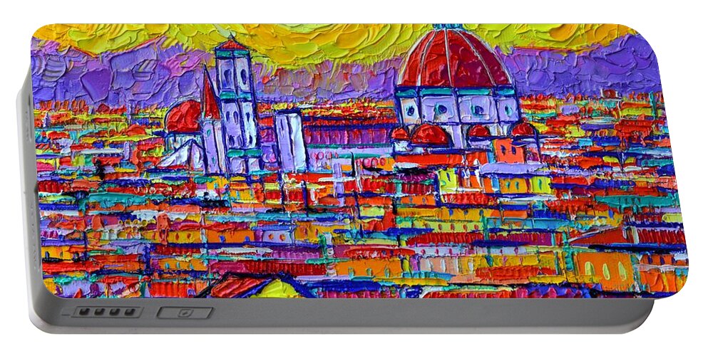 Abstract Cityscape Portable Battery Charger featuring the painting FLORENCE SUNSET OVER DUOMO FROM PIAZZALE MICHELANGELO abstract cityscape painting Ana Maria Edulescu by Ana Maria Edulescu