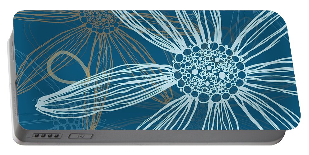 Flower Silhouettes Portable Battery Charger featuring the mixed media Flower Silhouette Modern Line Art in Blue by Patricia Awapara