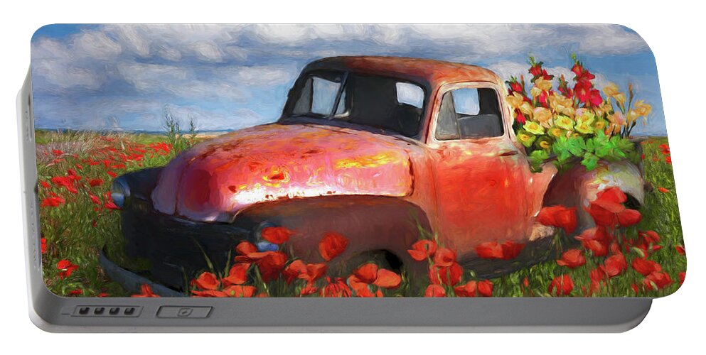 Old Portable Battery Charger featuring the photograph Flower Truck in Poppies Painting by Debra and Dave Vanderlaan