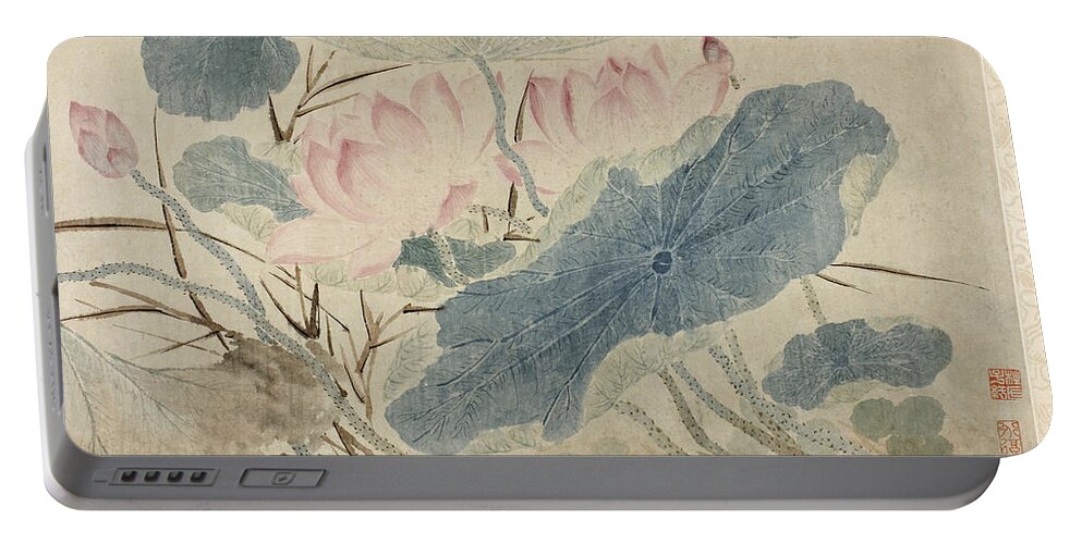 Chen Chun Portable Battery Charger featuring the painting Flowering Lotus by Chen Chun