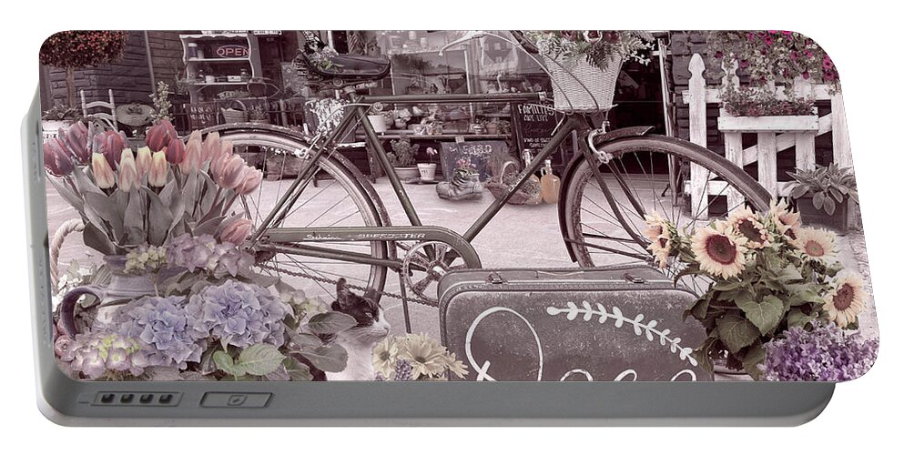 Fence Portable Battery Charger featuring the photograph Flowers and Bike on the Sidewalk Antique Tones by Debra and Dave Vanderlaan