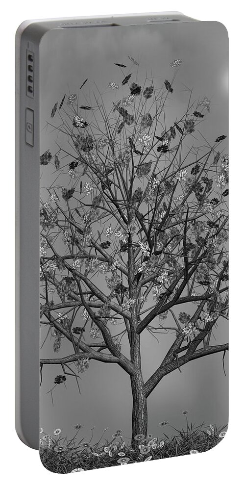 Autumn Portable Battery Charger featuring the mixed media Flowers Beneath The Autumn Tree Black and White by David Dehner