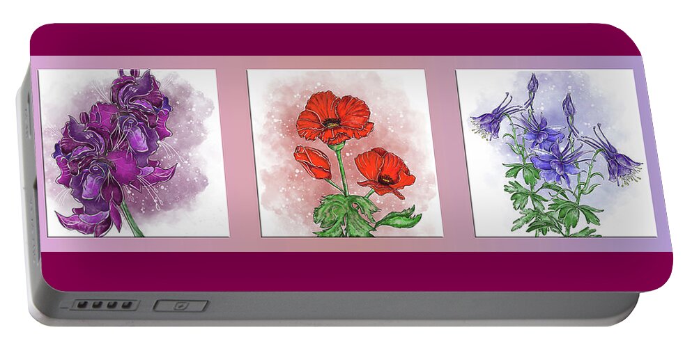 Triptych Portable Battery Charger featuring the painting Flowers triptych Gladiolus, poppy and forest columbine by Patricia Piotrak