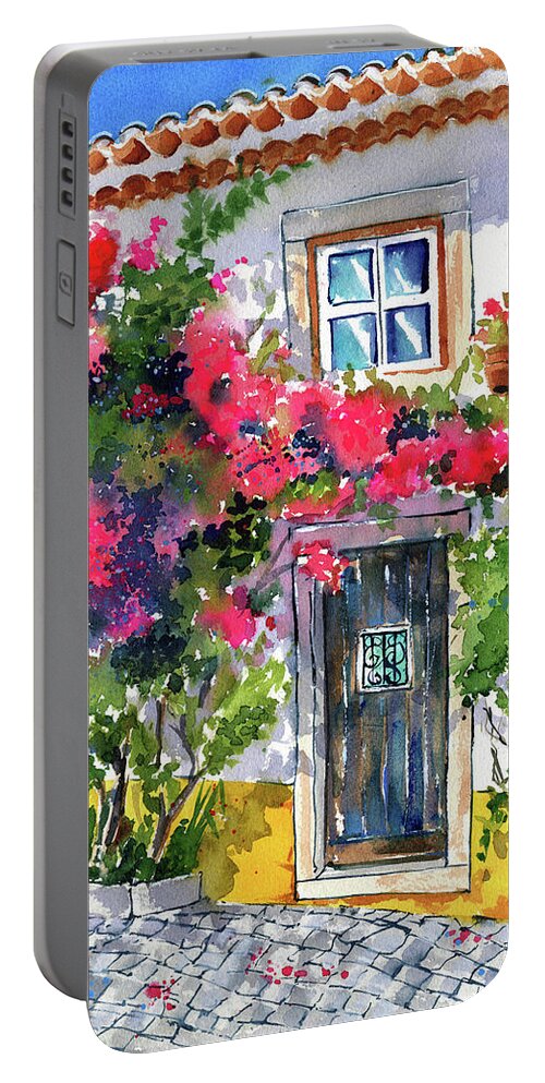 Portugal Portable Battery Charger featuring the painting Flowery Entrance in Obidos Portugal by Dora Hathazi Mendes