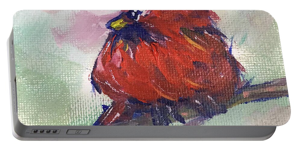 Cardinal Portable Battery Charger featuring the painting Fluffy Cardinal by Roxy Rich